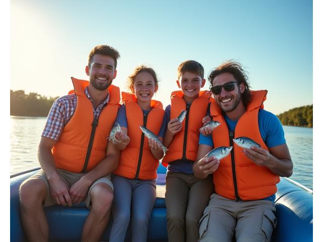 A joyful family on a boat, all smiling and holding up small fish they've caught, with calm lake waters in the background.