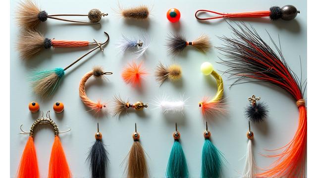 A collection of custom-tied fishing rigs and flies, showcasing intricate detail