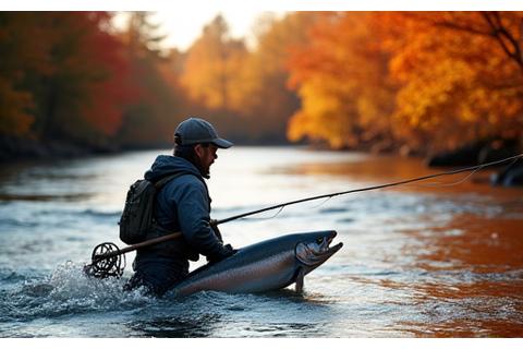 A fisherman reeling in a large salmon on a clear autumn day with colourful foliage