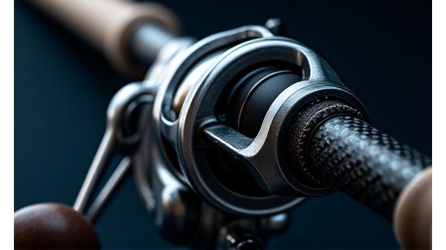 Close-up of a fishing reel mounted on a rod, showing intricate details