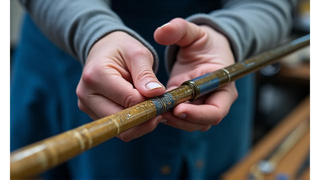 A broken fishing rod being expertly repaired by a technician's hands