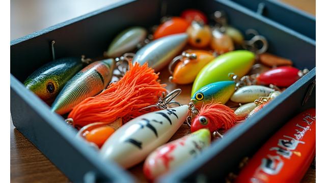 Assortment of vibrant fishing lures and soft baits in a tackle box