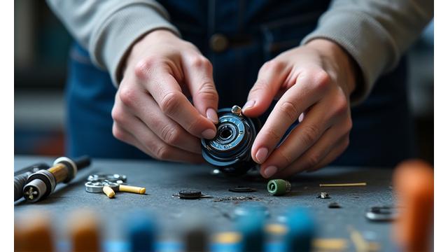 Close-up of an expert hand meticulously rigging fishing tackle on a workbench