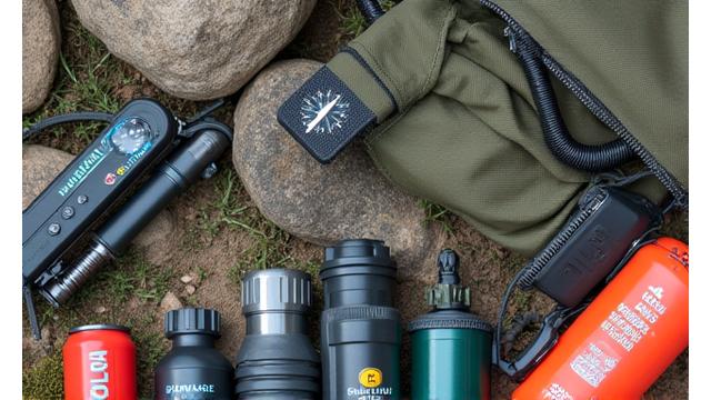 Essential outdoor survival gear, including a backpack, compass, and multi-tool, on a rugged terrain background