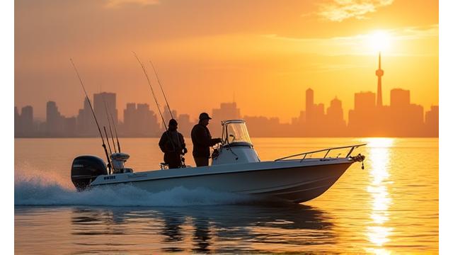 A guided fishing boat on Lake Ontario with the Toronto skyline in the distance at sunset