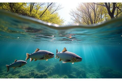 A vibrant school of rainbow trout swimming in clear, flowing river water in spring