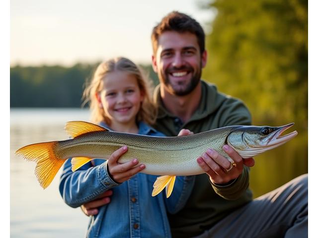 A father and daughter proudly displaying a Northern Pike they caught together