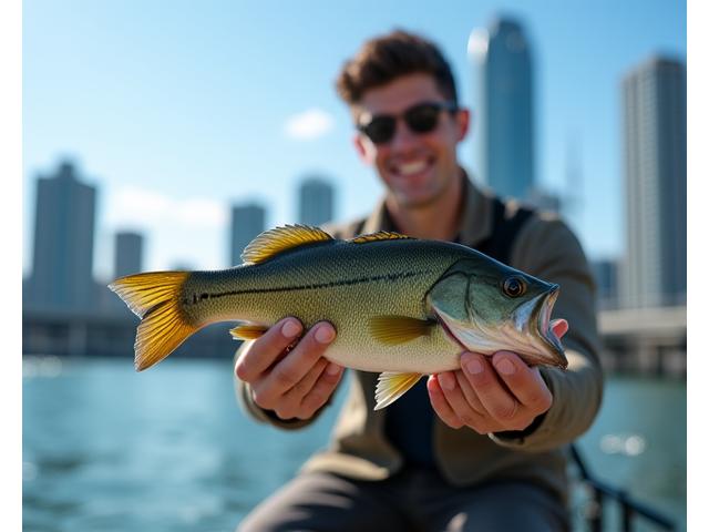 An urban angler with a smallmouth bass caught with the Toronto skyline in the background