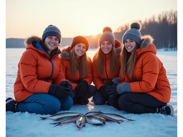 A group of friends celebrating a successful ice fishing trip with multiple catches
