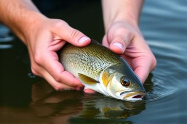 A hand releasing a fish back into clear water gently