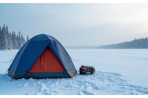 An ice fishing tent on a frozen lake with snow-covered trees in the background
