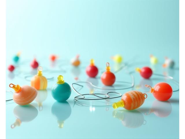 Assortment of fishing floats and bobbers in various shapes, sizes, and colors for different fishing techniques, floating in clear water