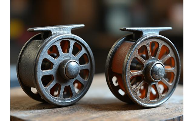 Side-by-side comparison of a heavily corroded fishing reel before repair and the same reel after restoration, looking new.