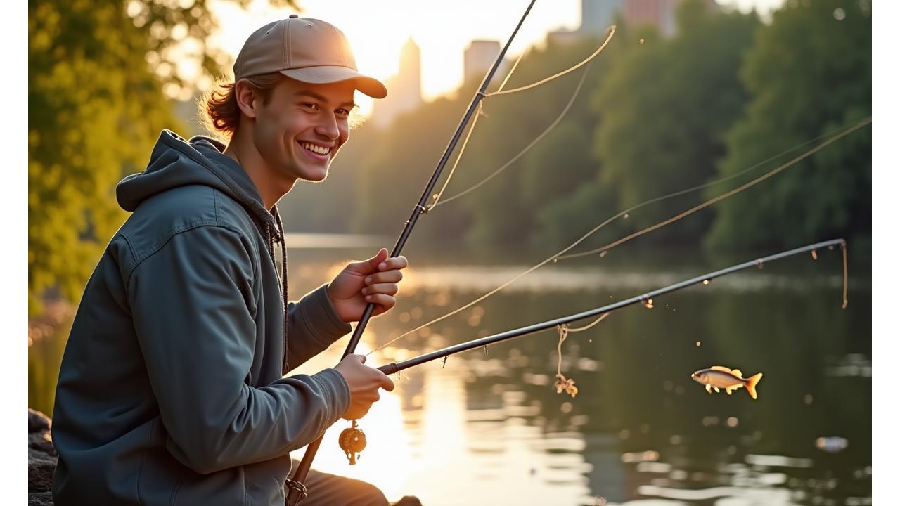 Joyful beginner angler fishing in an urban Toronto park, successfully reeling in a fish while smiling.